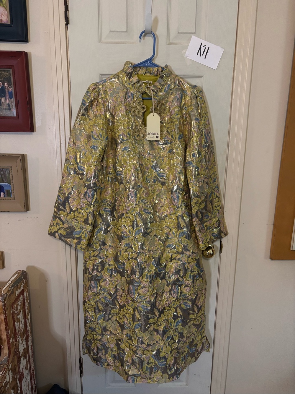 JODIFL Metallic Floral Brocade Midi Dress in Gold and Blue